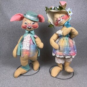 Annalee Mobilitee 20" Mr and Mrs Easter Parade Bunny Dolls 1968 Vtg Felt‎ Cloth